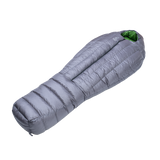 angled view of 0 degree down sleeping bag with center zipper