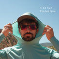 Turquoise - man showing stretch of ultralight hood