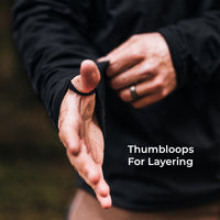 A close-up of a person wearing a black thumbloop on their thumb while adjusting a black sleeve, with the text 'Thumbsloops For Layering' on the right side.