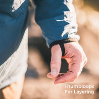 A close-up of a person's hand wearing a black thumbloop for layering, shown outdoors with warm sunlight and a blurred natural background. The text 'Thumbloops For Layering' is visible in the bottom right corner.