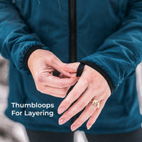 Close-up of a person's hands adjusting a black thumbloop on a teal fleece jacket, with white text reading 'Thumbloops For Layering'.
