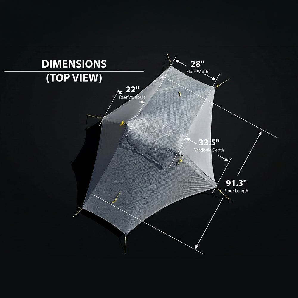 Cirq tent with dimensions labeled on a black background