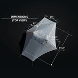Cirq tent with dimensions labeled on a black background