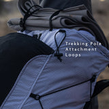 Backpack front panel showing trekking pole attachment loops and elastic retention system.