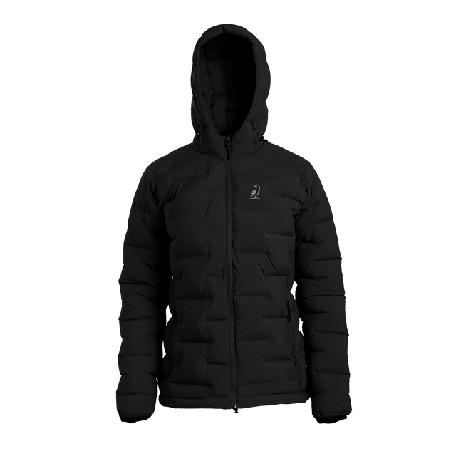 A black hooded puffer jacket with horizontal quilting, a full front zipper, and a small white logo on the left chest, displayed on a solid white background.