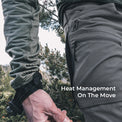 close view of unzipped side vent on lightweight mountain pants for hiking, hunting, and backpacking
