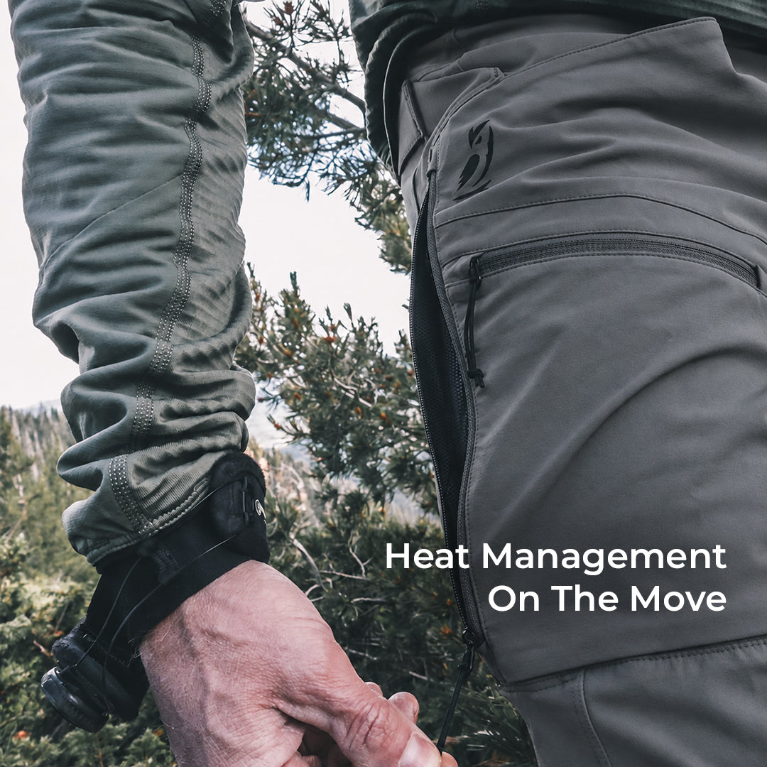 close view of unzipped side vent on lightweight mountain pants for hiking, hunting, and backpacking