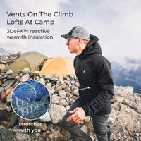 A man wearing a black 3DeFX hooded jacket and a gray cap stands on a rocky mountainside with tents in the background. Text reads 'Vents On The Climb Lofts At Camp' and '3DeFX™ reactive warmth insulation,' with a circular inset showing the fabric's stretch pattern.