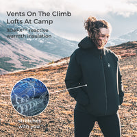 A woman wearing a black hooded jacket stands outdoors in a mountain landscape, with text reading 'Vents On The Climb Lofts At Camp' and '3DeFX™ reactive warmth insulation.' A circular inset shows the jacket's interior lining detail, and the text says it 'stretches with you.