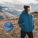 A woman wearing a teal blue hooded jacket stands on a rocky mountain trail with snowy peaks in the background. White text on the left reads 'Vents On The Climb, Lofts At Camp, 3DeFX reactive warmth insulation,' and a circular inset shows the jacket's textured fabric detail.