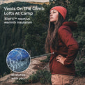 A woman in a red beanie and rust-red hooded jacket stands outdoors in a forested mountain setting, with marketing text reading 'Vents On The Climb Lofts At Camp' and '3DeFX™ reactive warmth insulation,' plus a circular inset showing the fabric's vented structure.