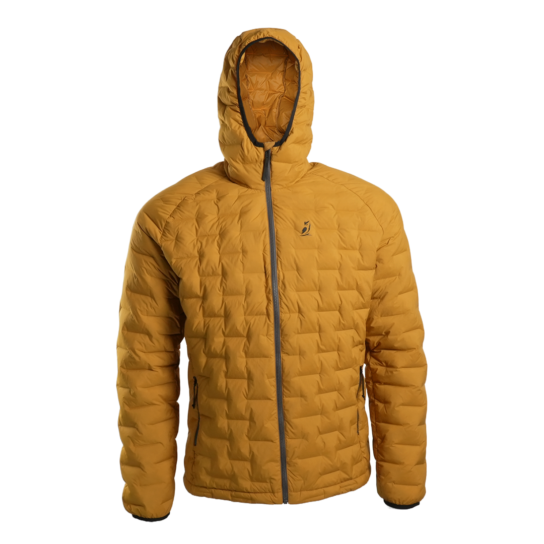 Front view of Outdoor Vitals Zulu Down Jacket in Thai Curry Yellow highlighting ExpeDry™ down and wind-resistant Zero Stitch™ shell.