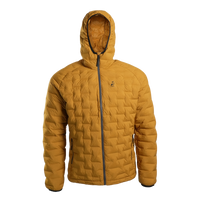 Front view of Outdoor Vitals Zulu Down Jacket in Thai Curry Yellow highlighting ExpeDry™ down and wind-resistant Zero Stitch™ shell.