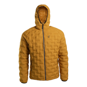 Front view of Outdoor Vitals Zulu Down Jacket in Thai Curry Yellow highlighting ExpeDry™ down and wind-resistant Zero Stitch™ shell.