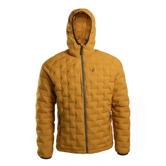 Front view of Outdoor Vitals Zulu Down Jacket in Thai Curry Yellow highlighting ExpeDry™ down and wind-resistant Zero Stitch™ shell.