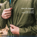 Close-up of a person wearing an olive green lightweight jacket and pulling the zipper with both hands. White text on the right reads 'YKK 1/4 Zipper easy on & off increased venting'.