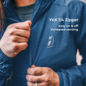 Close-up of a person wearing a blue lightweight jacket and pulling the zipper with both hands. White text on the right reads 'YKK 1/4 Zipper' and 'easy on & off increased venting'.