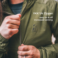 Close-up of a person wearing an olive green jacket and pulling the zipper with both hands. White text on the right reads 'YKK 1/4 Zipper' and 'easy on & off increased venting'.