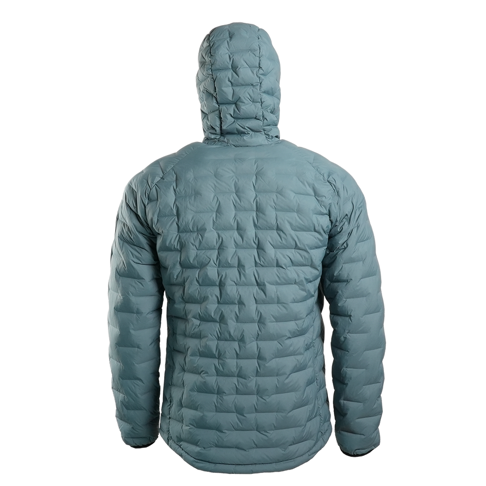 Back view of Outdoor Vitals Zulu Down Jacket in Bluestone showing quilted baffle pattern and lightweight insulated hood.