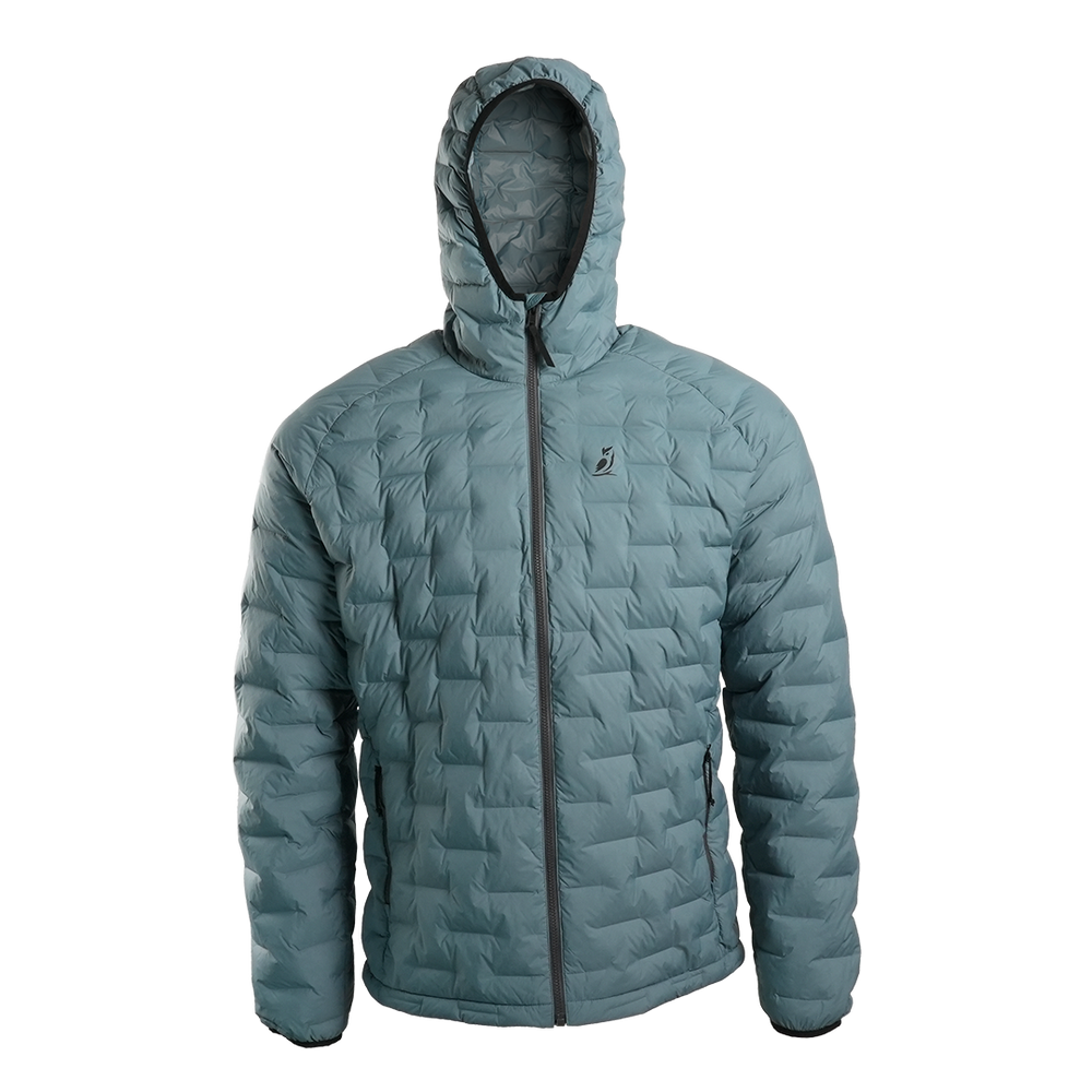 Front view of Outdoor Vitals Zulu Down Jacket in Bluestone displaying minimalist ultralight construction and zippered hand pockets.