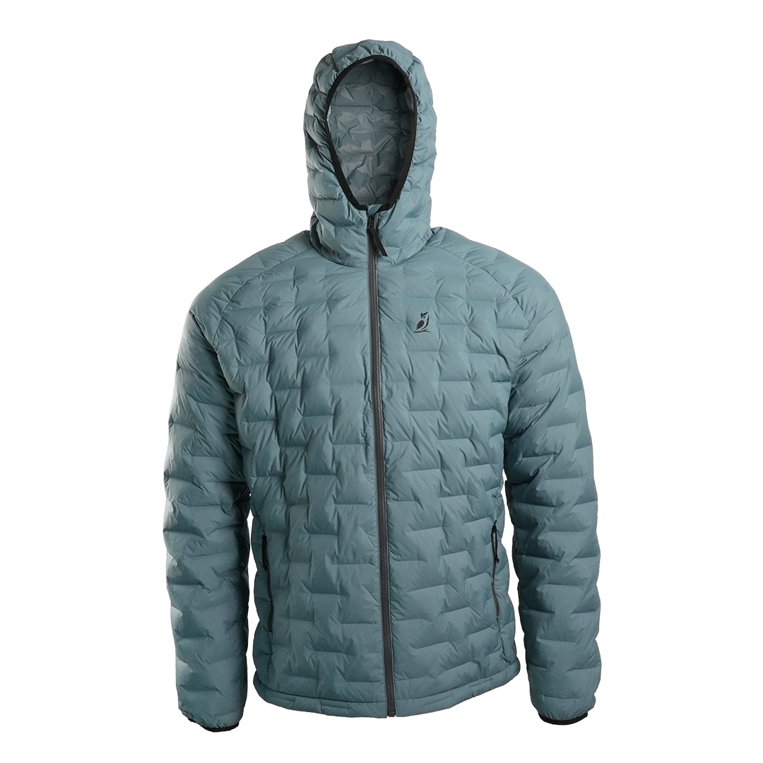 Front view of Outdoor Vitals Zulu Down Jacket in Bluestone displaying minimalist ultralight construction and zippered hand pockets.