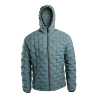 Front view of Outdoor Vitals Zulu Down Jacket in Bluestone displaying minimalist ultralight construction and zippered hand pockets.