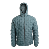 Front view of Outdoor Vitals Zulu Down Jacket in Bluestone displaying minimalist ultralight construction and zippered hand pockets.