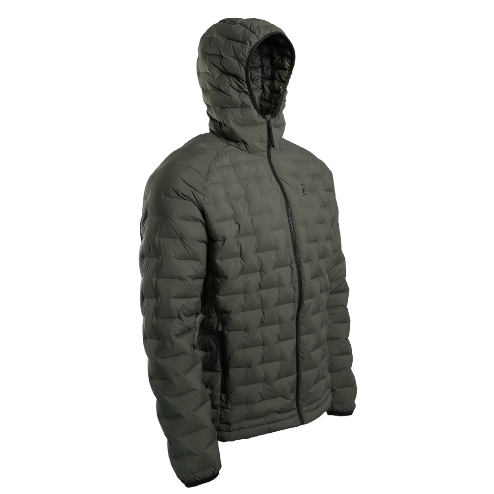 Outdoor Vitals Zulu Down Jacket in Chimera Gray angled right, ultralight packable down insulation with hood for cold-weather backpacking.
