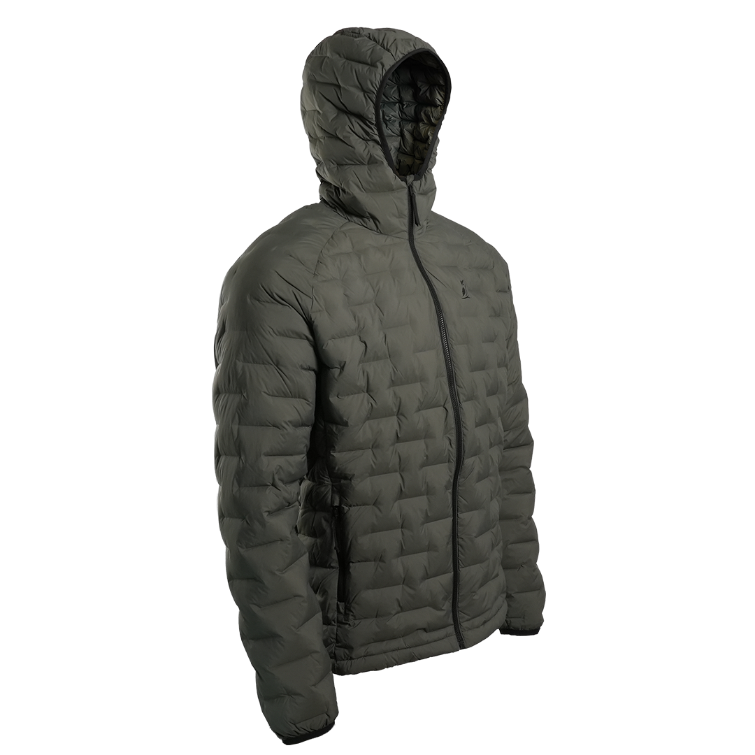 Outdoor Vitals Zulu Down Jacket in Chimera Gray angled right, ultralight packable down insulation with hood for cold-weather backpacking.