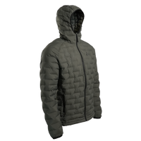 Outdoor Vitals Zulu Down Jacket in Chimera Gray angled right, ultralight packable down insulation with hood for cold-weather backpacking.