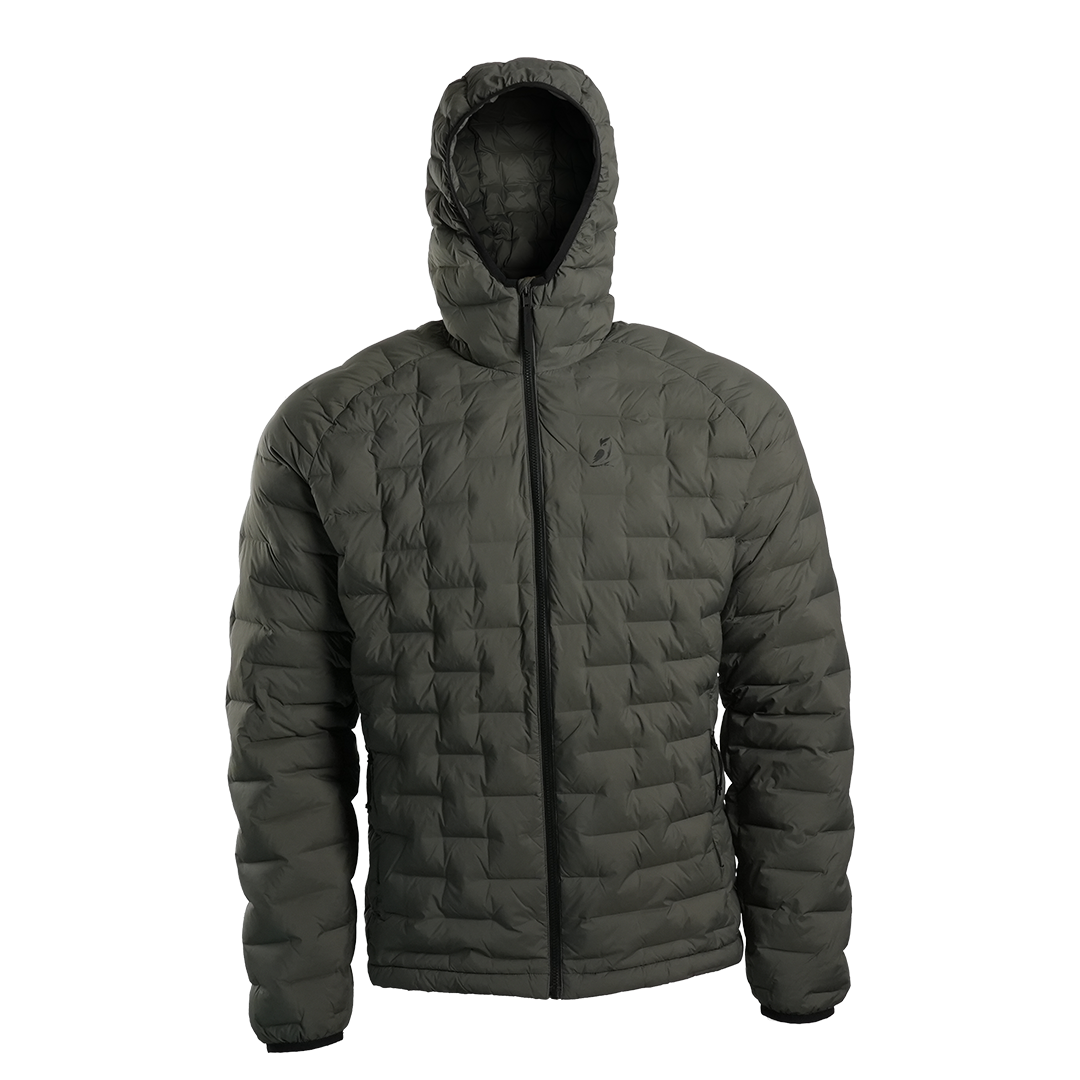 Front view of Outdoor Vitals Zulu Down Jacket in Chimera Gray featuring performance baffling and technical alpine-ready warmth.