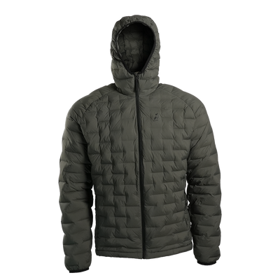 Front view of Outdoor Vitals Zulu Down Jacket in Chimera Gray featuring performance baffling and technical alpine-ready warmth.