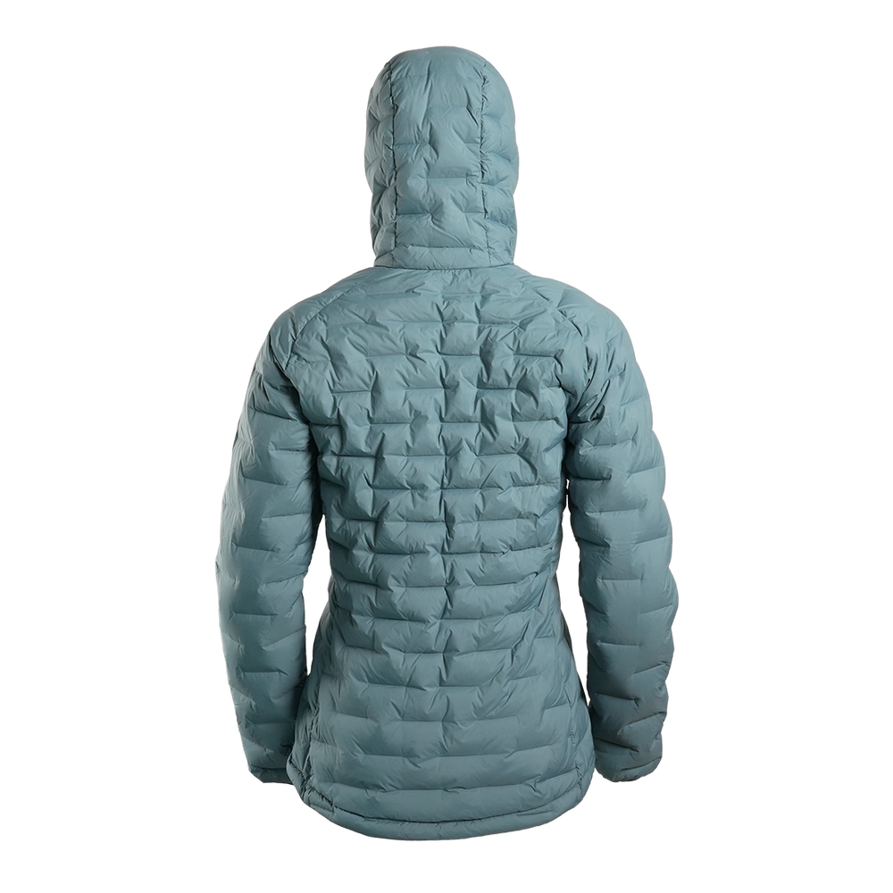 Outdoor Vitals Women’s Zulu Down Jacket in Bluestone – back view showing lightweight 900-fill down insulation and contoured fit.