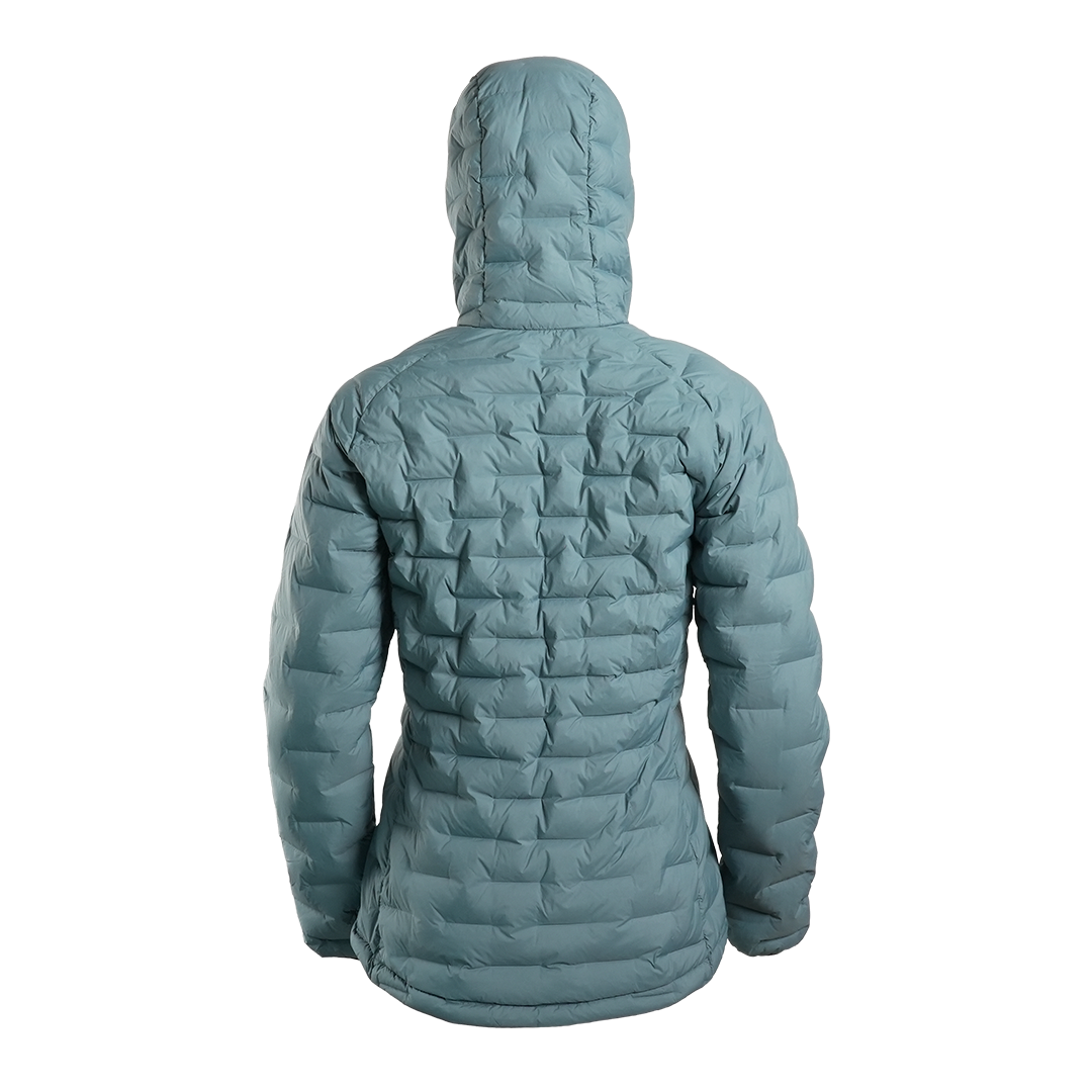 Outdoor Vitals Women’s Zulu Down Jacket in Bluestone – back view showing lightweight 900-fill down insulation and contoured fit.