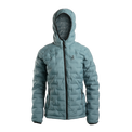 Outdoor Vitals Women’s Zulu Down Jacket in Bluestone – front view featuring full-zip closure, hood, and lightweight backcountry insulation.