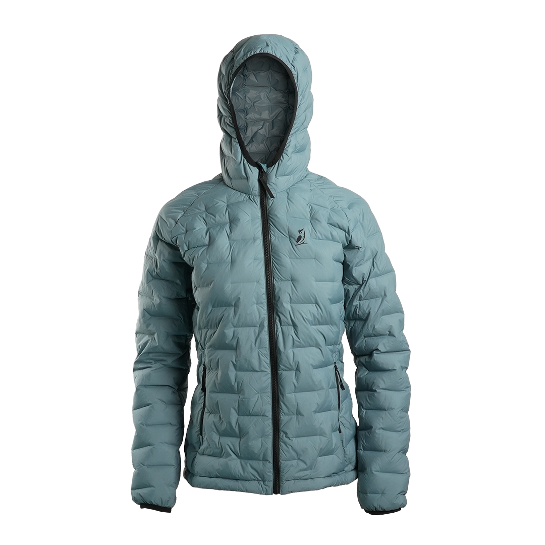 Outdoor Vitals Women’s Zulu Down Jacket in Bluestone – front view featuring full-zip closure, hood, and lightweight backcountry insulation.