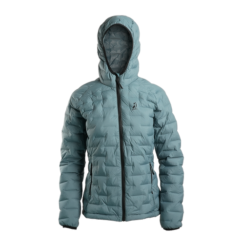 Outdoor Vitals Women’s Zulu Down Jacket in Bluestone – front view featuring full-zip closure, hood, and lightweight backcountry insulation.