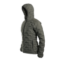 Outdoor Vitals Women’s Zulu Down Jacket in Chimera Gray – 45-degree left angle highlighting baffled construction and ultralight design.