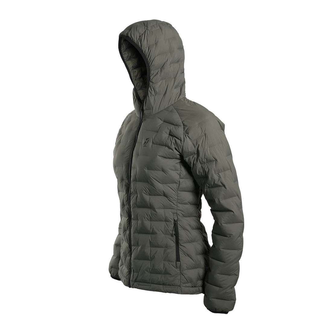 Outdoor Vitals Women’s Zulu Down Jacket in Chimera Gray – 45-degree left angle highlighting baffled construction and ultralight design.
