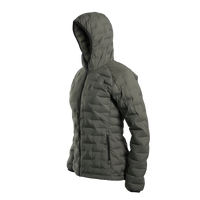 Outdoor Vitals Women’s Zulu Down Jacket in Chimera Gray – 45-degree left angle highlighting baffled construction and ultralight design.