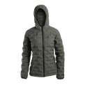 Outdoor Vitals Women’s Zulu Down Jacket in Chimera Gray – front view with hood up, showcasing minimalist design and premium down loft.