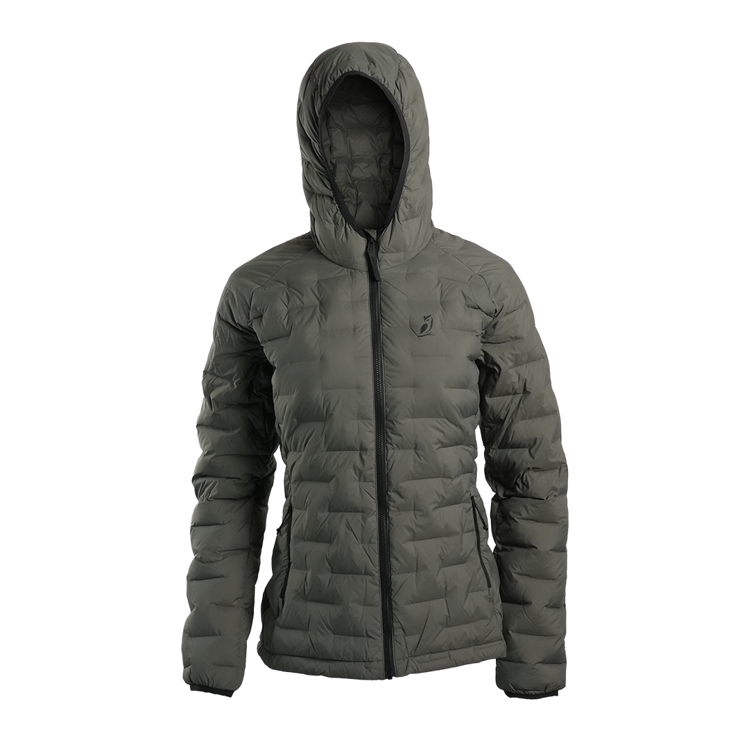 Outdoor Vitals Women’s Zulu Down Jacket in Chimera Gray – front view with hood up, showcasing minimalist design and premium down loft.