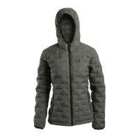 Outdoor Vitals Women’s Zulu Down Jacket in Chimera Gray – front view with hood up, showcasing minimalist design and premium down loft.
