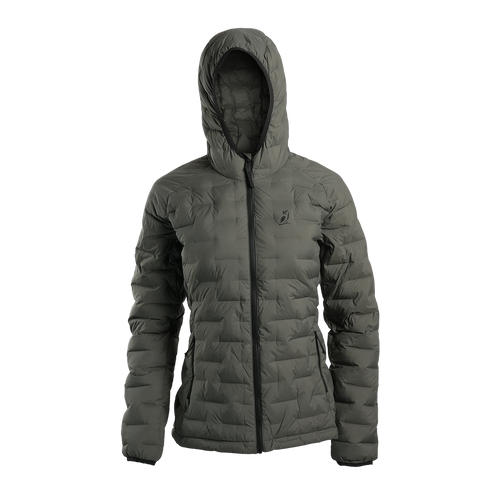 Outdoor Vitals Women’s Zulu Down Jacket in Chimera Gray – front view with hood up, showcasing minimalist design and premium down loft.