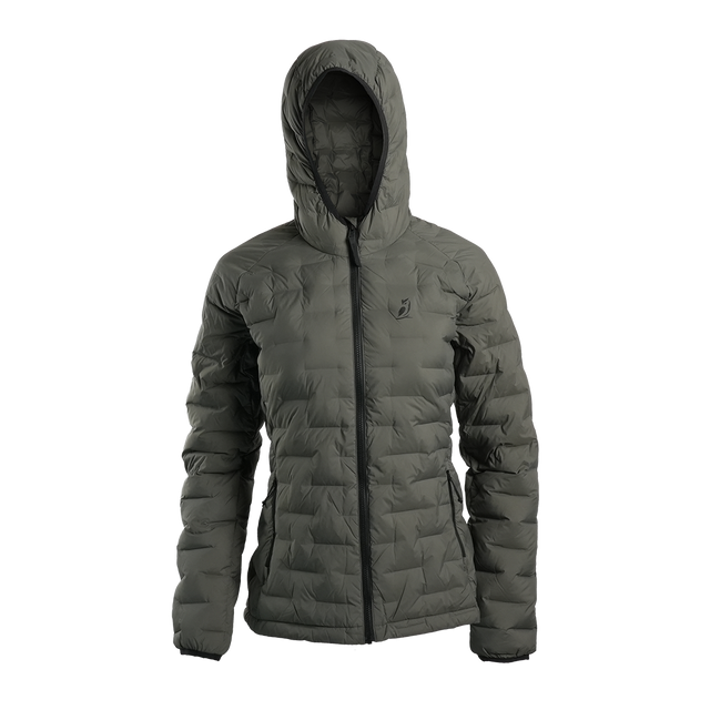 Outdoor Vitals Women’s Zulu Down Jacket in Chimera Gray – front view with hood up, showcasing minimalist design and premium down loft.