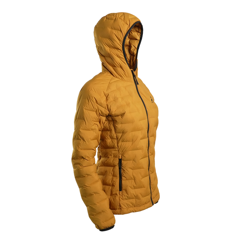 Outdoor Vitals Women’s Zulu Down Jacket in Thai Curry Yellow – 45-degree right angle displaying athletic cut, hood, and zippered hand pockets.