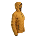 Outdoor Vitals Women’s Zulu Down Jacket in Thai Curry Yellow – 45-degree right angle displaying athletic cut, hood, and zippered hand pockets.