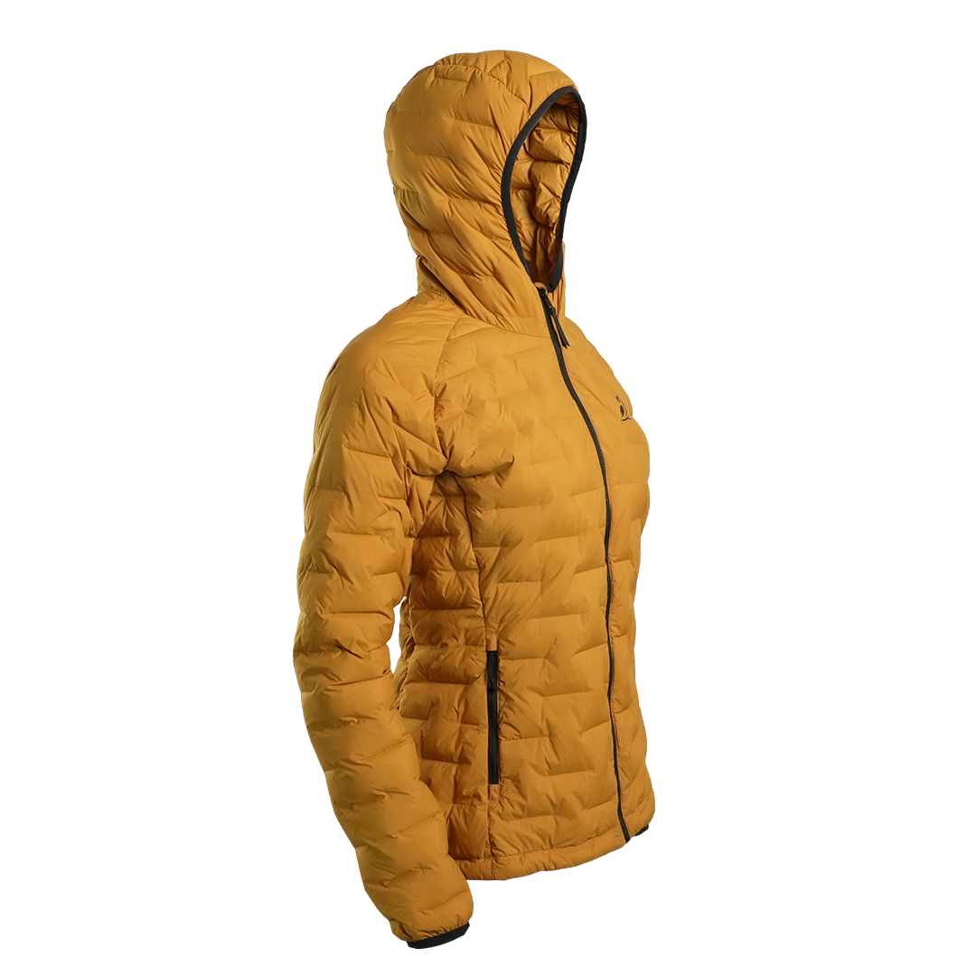 Outdoor Vitals Women’s Zulu Down Jacket in Thai Curry Yellow – 45-degree right angle displaying athletic cut, hood, and zippered hand pockets.