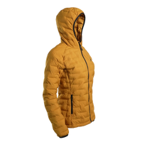 Outdoor Vitals Women’s Zulu Down Jacket in Thai Curry Yellow – 45-degree right angle displaying athletic cut, hood, and zippered hand pockets.