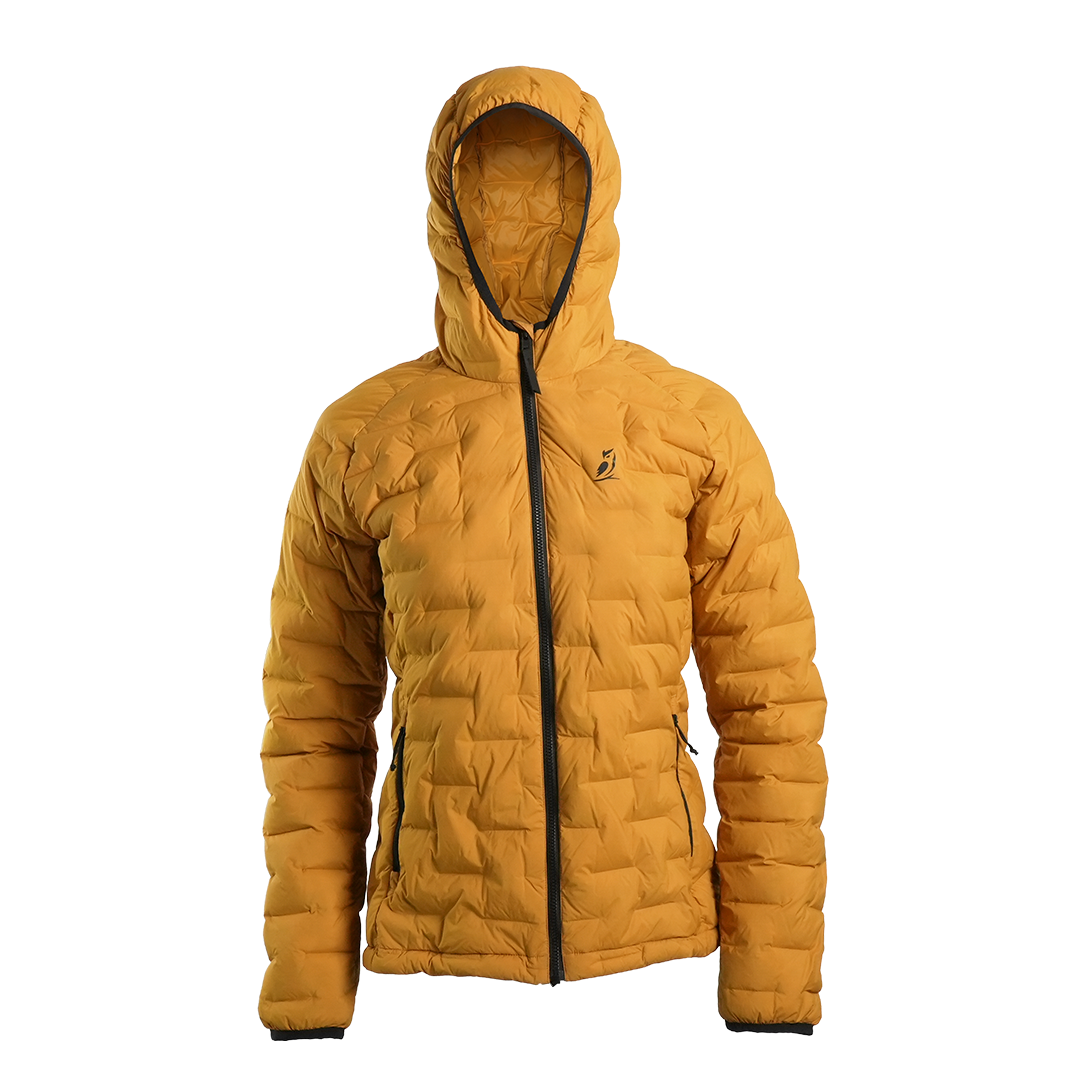 Outdoor Vitals Women’s Zulu Down Jacket in Thai Curry Yellow – front view emphasizing technical down warmth for ultralight backpacking.